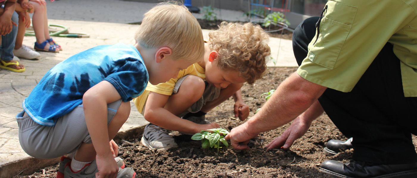 children planting in garden