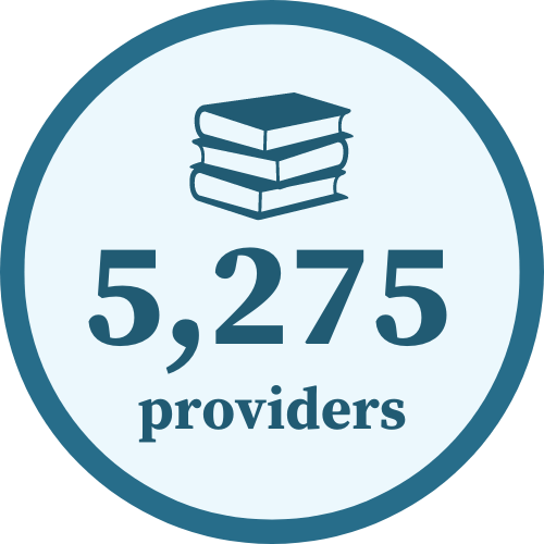 A blue infographic of stacked books over the description "5,275 providers".
