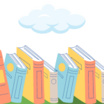 Image of a field of books and a worm on top of one. The sky is full of clouds and a smiling sun.