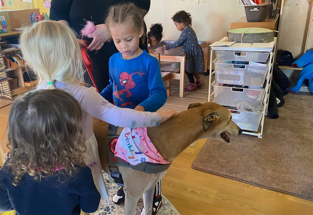 Two small children stand on opposite sides of a fawn-colored greyhound-type dog. The children are petting the dog's back. The dog is wearing a pink bandana that reads "Happy Birthday!"