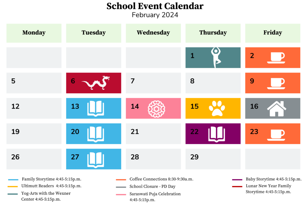 The A. Sophie Rogers School Event Calendar for February 2024