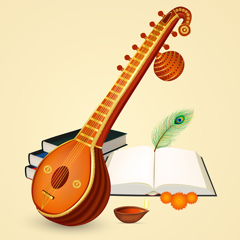A stylized drawing of images connected to the holiday of Saraswati Puja, including a veena (a long-necked, pear-shaped stringed instrument similar to a lute), books, a peacock feather and an oil lamp.