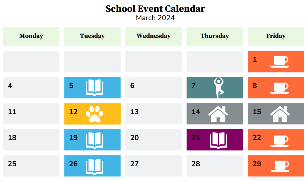 A graphic representation of the School Event Calendar for March 2024 for the A. Sophie Rogers School for Early Learning