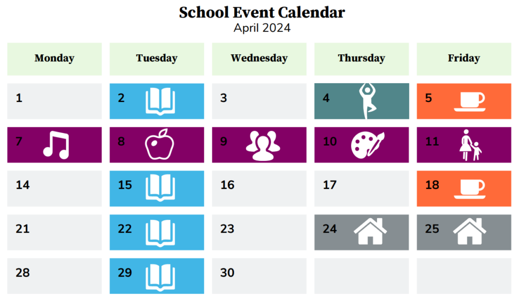 An image of a calendar with color-coded boxes and white icons to mark events during April 2024 at the A. Sophie Rogers School of Early Learning at The Ohio State University's Schoenbaum Family Center.