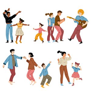 A cartoon shows two rows of adults and young children dancing together.