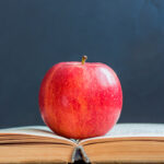 A red apple rests on the pages of an open book, with a black chalkboard in the background.