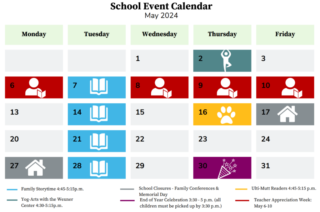 The May 2024 Event Calendar for the A. Sophie Rogers School of Early Learning
