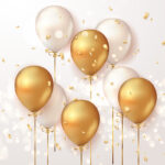 A drawing of gold and white balloons surrounded by gold confetti