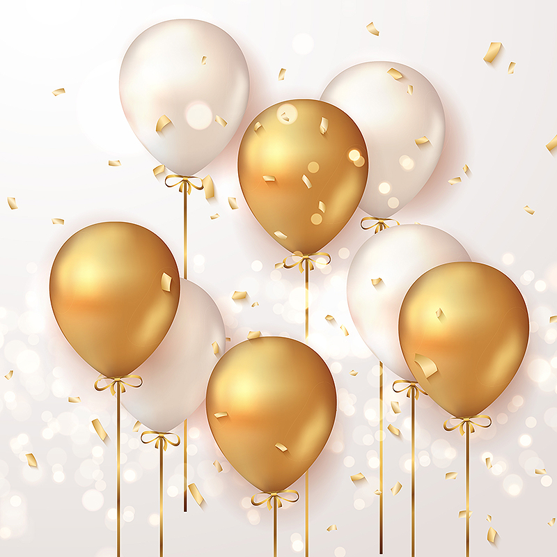 A drawing of gold and white balloons surrounded by gold confetti