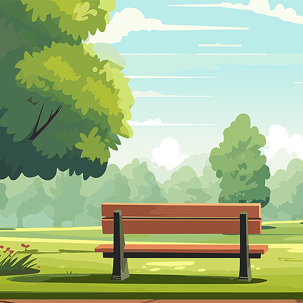 An illustration shows a wooden park bench near a tree, with other trees and grass in a park setting.