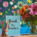 A stack of colorful, personalized note cards with "Thank You, Teacher" written on them, placed next to a bouquet of flowers on a teacher's desk.