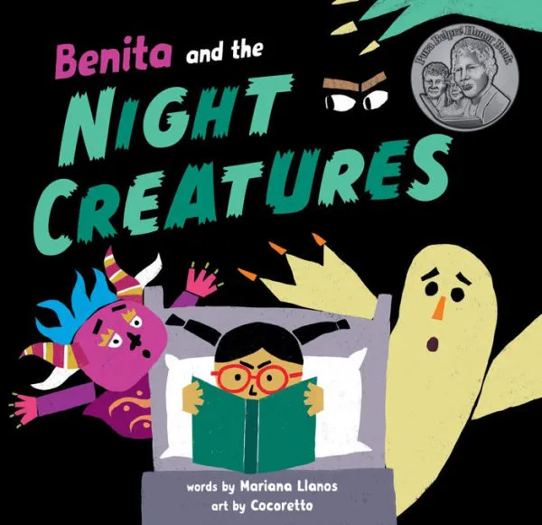 Front cover of "Benita and the Night Creatures" showing an illustration of a young girl reading in bed while creatures pop out around the edge of the bed. There are glowing eyes at the top of the image.