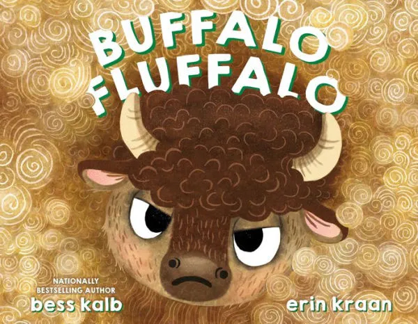 Cover image for the book "Buffalo Fluffallo" with an illustration of a buffalo surrounded by swirl textures mimicking the fur texture.