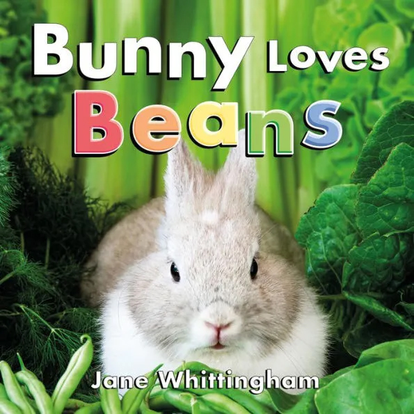 Image of the book cover for "Bunny Loves Beans" showing a rabbit playing in a garden.