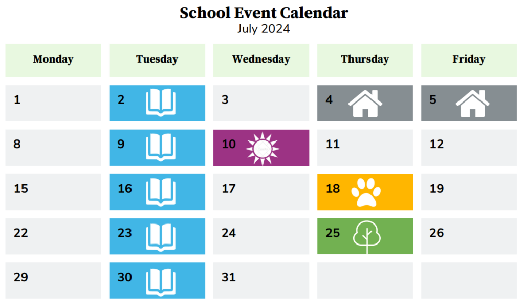 The July 2024 calendar for the A. Sophie Rogers School