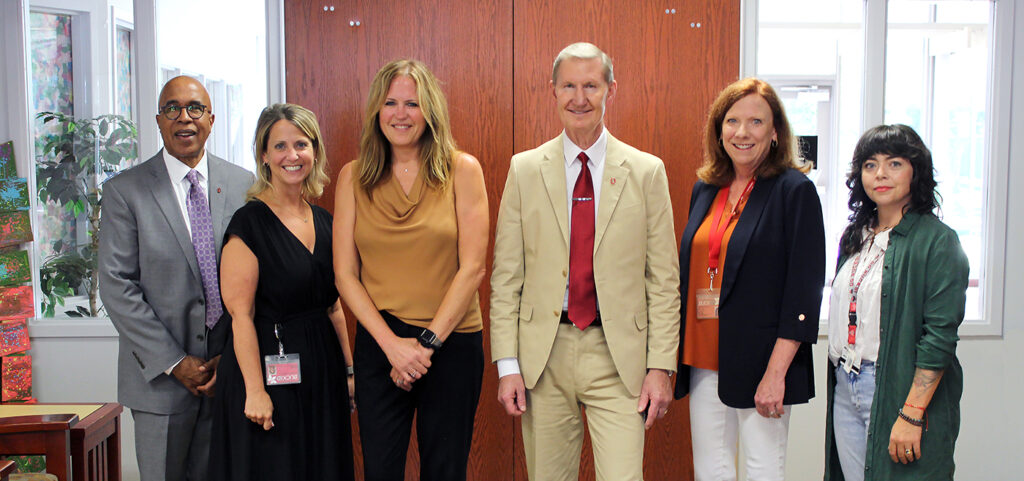 From left: College of Education and Human Ecology Dean Don Pope-Davis, A. Sophie Rogers School Principal Anneliese Johnson, Crane and Schoenbaum Executive Director Laura Justice, Ohio State University President Walter “Ted” Carter, Early Head Start Partnership Program Director Sherrie Sutton, and Crane and Schoenbaum Associate Director of Policy & External Affairs Jamie O’Leary