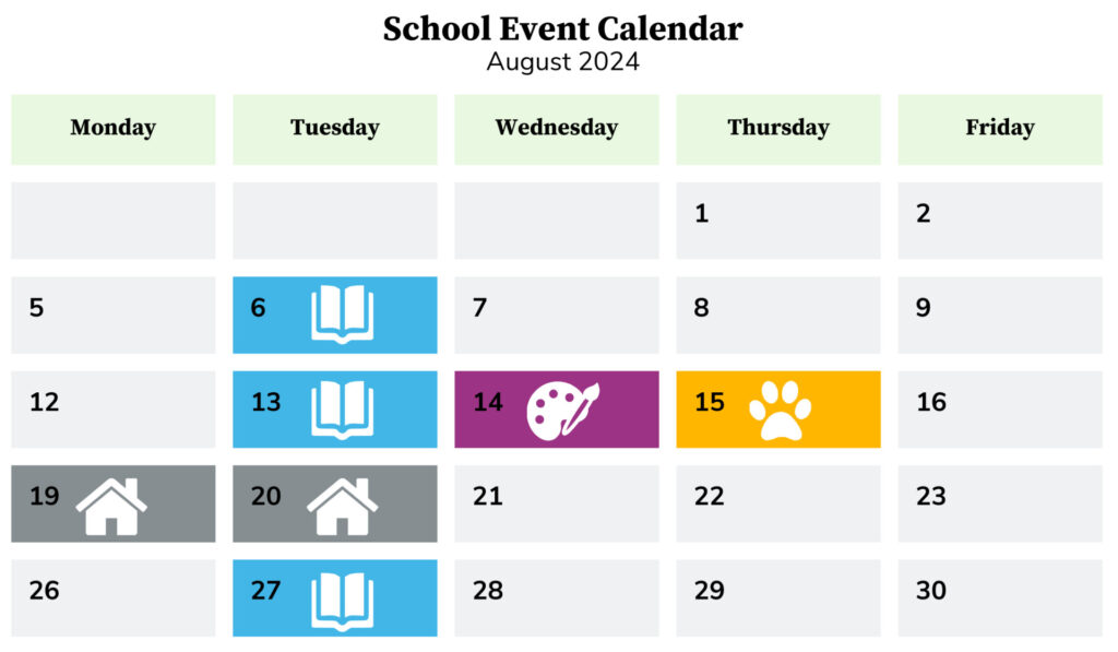 August 2024 A. Sophie Rogers School calendar