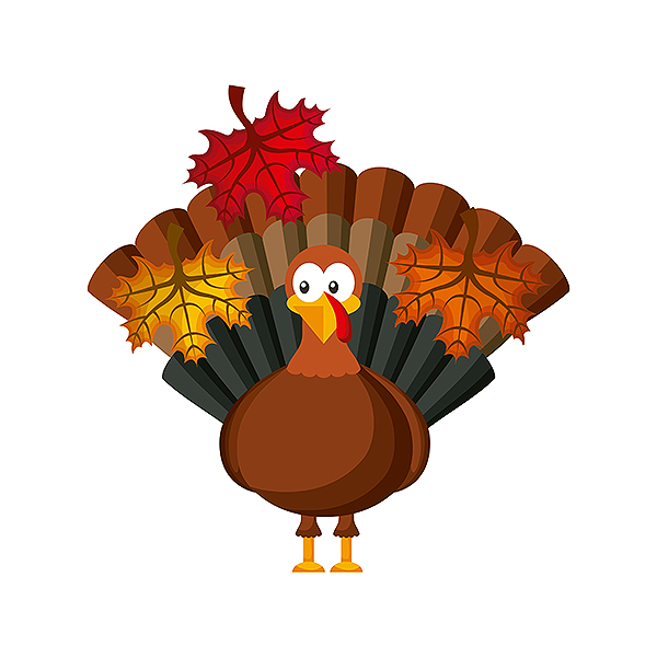 A cartoon Thanksgiving turkey icon with decorative autumn leaves over white background.