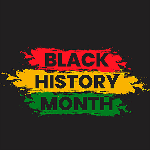 A social media card to promote Black History Month, with each of the words written in black letters over three painted stripes: one red (over which the word "BLACK" is written), one yellow (over which the word "HISTORY" is written), and one green (over which the word "MONTH" is written.