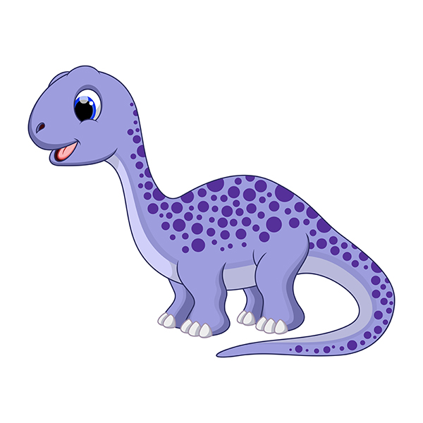 A cartoon for children showing a cute, light blue brontosaurus dinosaur with dark blue spots. The dinosaur has large blue eyes and a smile on its face.